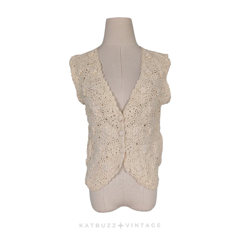 Crochet Sweater Vest M Cream Floral Boho Vintage 90s Grunge Cottage Handmade - Picture 4 of 8